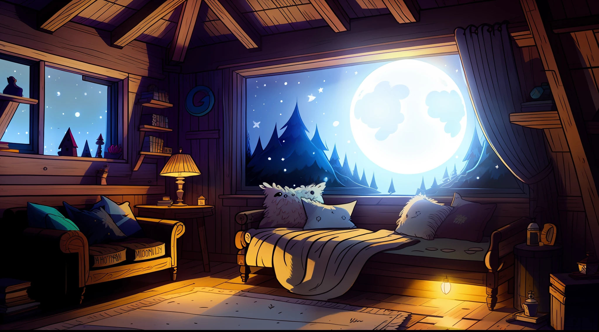 ein gemütliches Zimmer in der Nacht, Mondlicht scheint durch das Fenster, detaillierte Abbildung, Karikatur, no estilo de gravityfalls,Erwachsene kurz