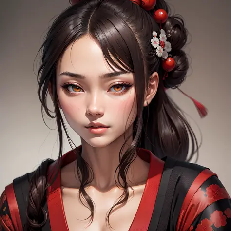 Japanese style painting, ukiyoe painting, ink art, a super beautiful woman with mysterious sharp slit eyes, long ponytail hair, High resolution, Highest Quality, super quality, Super Detail, hyper-realistic, Photorealistic --auto