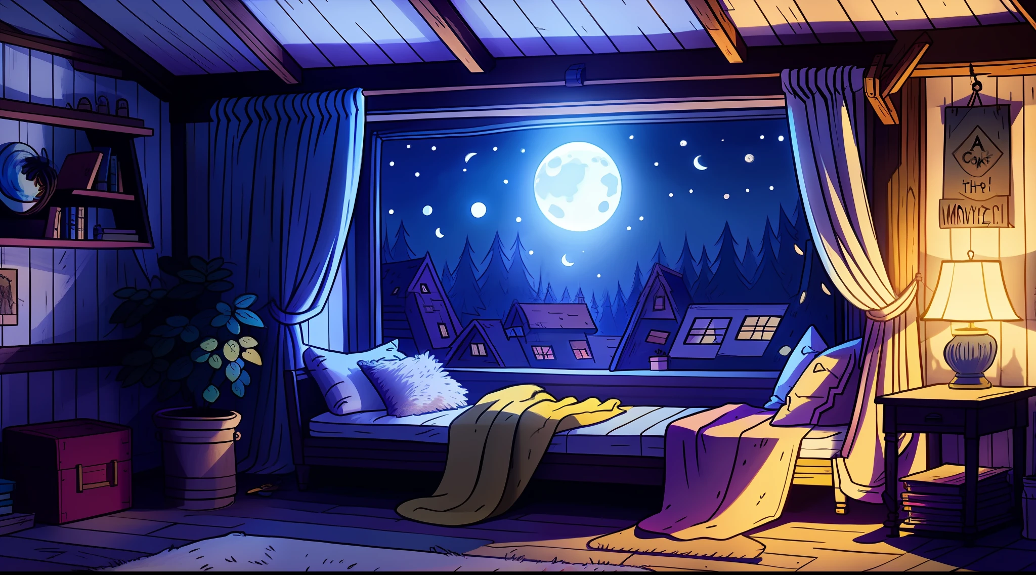 Cartoon illustration of a bedroom with a window and a bed - SeaArt AI