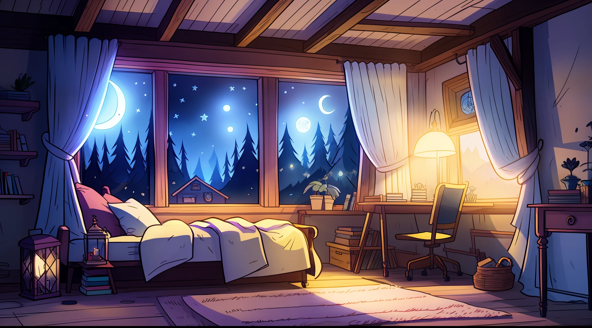 una acogedora habitación por la noche, La luz de la luna brillando a través de la ventana, Ilustración detallada, dibujos animados, no estilo de gravityfalls,adulto corto