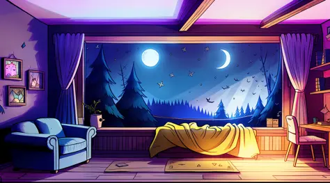 a cozy room at night, Moonlight shining through the window, Detailed illustration, desenhos animados, no estilo de gravityfalls,...