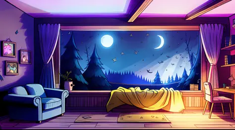 a cozy room at night, moonlight shining through the window, detailed illustration, desenhos animados, no estilo de gravityfalls,...