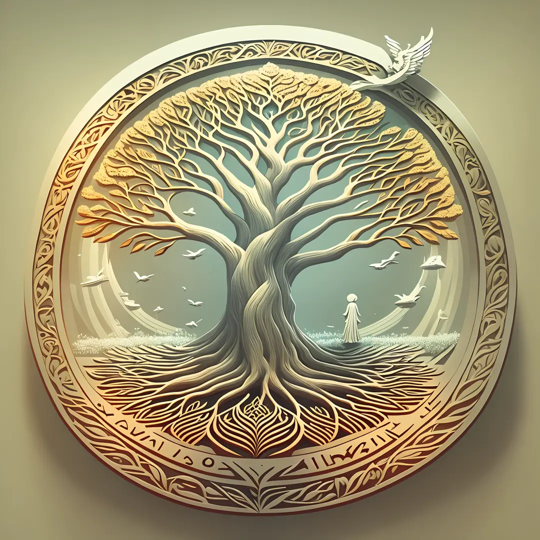 Full logo, centered, white background, family therapy, minimalist, 2d, divine tree, tree of life, JP letters