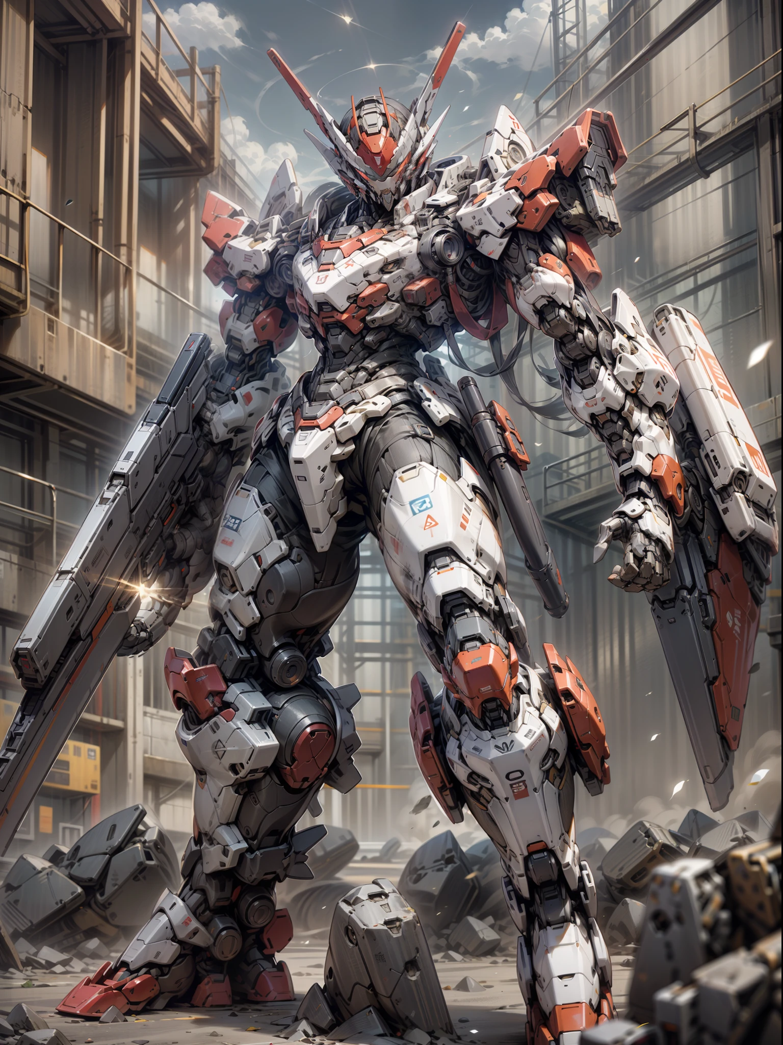 ((best-quality)), ((Masterpiece)), (RAWExtremely detailed: 1.3), 8K，Cool painting，It's sci-fi，Red Gunsmith，Red tank armored division with huge shields，Red，Red mech，Reloaded up to the MK2，Red mech，The mask covers the face，Holding a shield in the air，Red super large mechanical shield，Heavy weapons，Heavy machine gun，Sniper rifle，cannon，Gatling guns were scattered on the ground，Carrying a weapon and a firearm，Pistol again at the waist，Sniper rifle in the back again，Super cool tank armor，God of weapons，Gundam humanoid mech，anime mecha aesthetic，Perfect body proportions，Heads-up view，standing pose，Military giant mech，missile，rock，Future technology，realistness，There are dark clouds in the sky，Dark black war background，rim light，raytracing，Light particles，NVIDIA Trtx， Super-Resolution，Unreal 5，sub-surface Scattering，Specular and albedo maps，trichotomy，Large aperture，Battle Pose, 8K RAW，Efficient subpixels，Subpixel convolution，Light particles，Light scattering，Tyndall effect，raytracing.