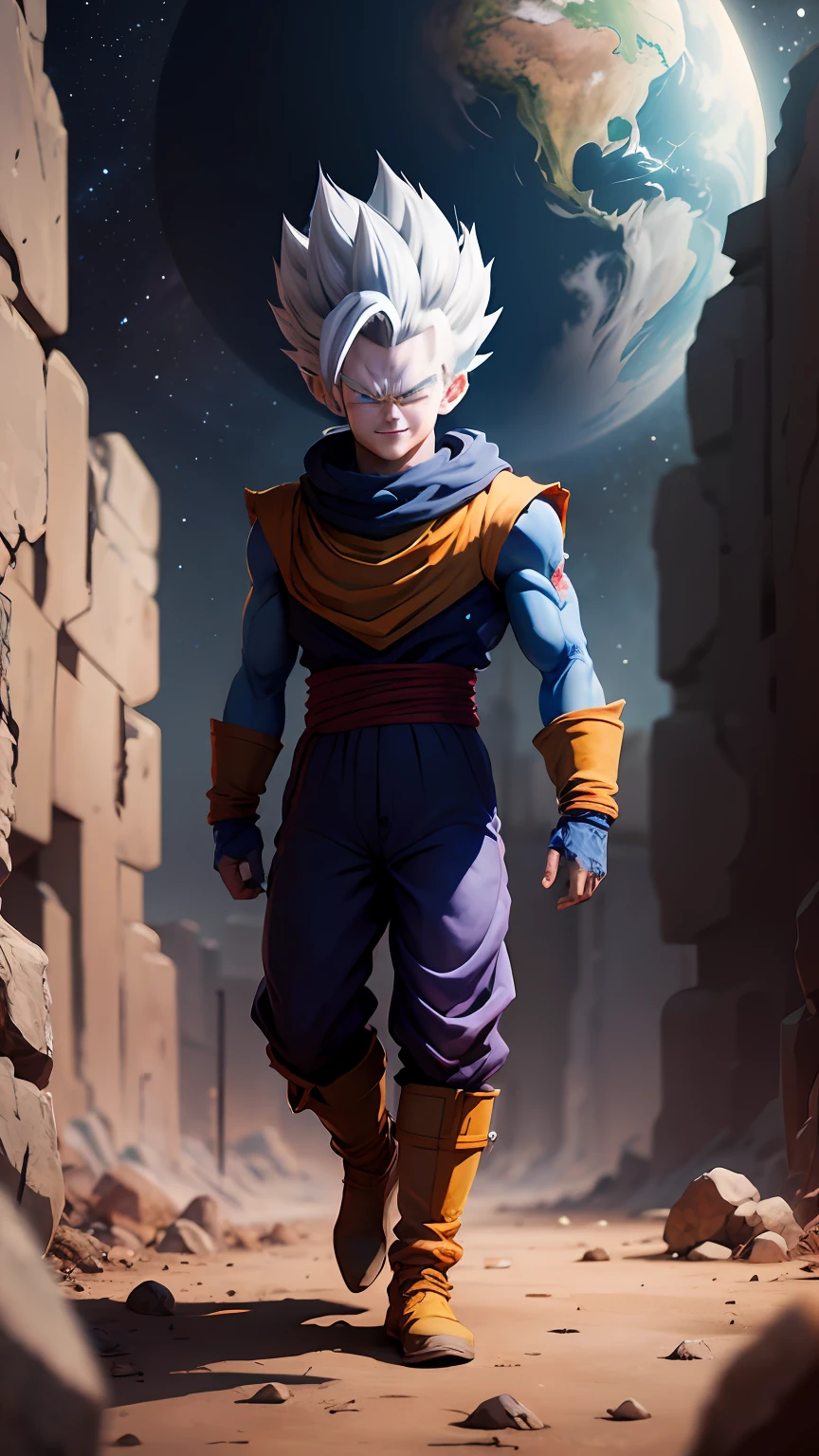 masterpiece, best quality, ultra-detailed, adult Vegeta 1boy, solo, super sayagin 5, full body, evil smile, gray hair, spiky hair, red eyes, dougi, full body, looking at the viewer, male focus, earth \(planet\), planet, space, cracked soil and rocks rising, rubble rising,