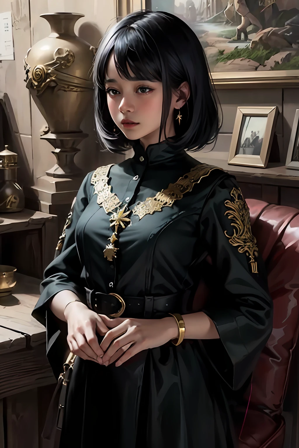 dress、baby face、small breasts、short black hair、1 girl、(master masterpiece、best-quality、best-quality、Official Art、Beautiful and aesthetic:1.2)、(1girl)、Extreme Details、colorfull、Supreme Details、Official Art、unity 8k wallpaper、super-detailed、Beautiful and aesthetic、lovely、master masterpiece、best-quality、(Zentangle、Mandala、tangle、entanglement)、Sacred Light、Gold leaf、Gold leaf art、Glitter painting、PerfectNwsjMajmagic