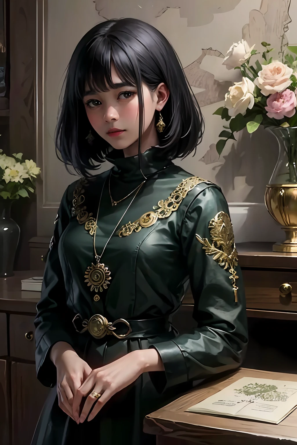 dress、baby face、small breasts、short black hair、1 girl、(master masterpiece、best-quality、best-quality、Official Art、Beautiful and aesthetic:1.2)、(1girl)、Extreme Details、colorfull、Supreme Details、Official Art、unity 8k wallpaper、super-detailed、Beautiful and aesthetic、lovely、master masterpiece、best-quality、(Zentangle、Mandala、tangle、entanglement)、Sacred Light、Gold leaf、Gold leaf art、Glitter painting、PerfectNwsjMajmagic