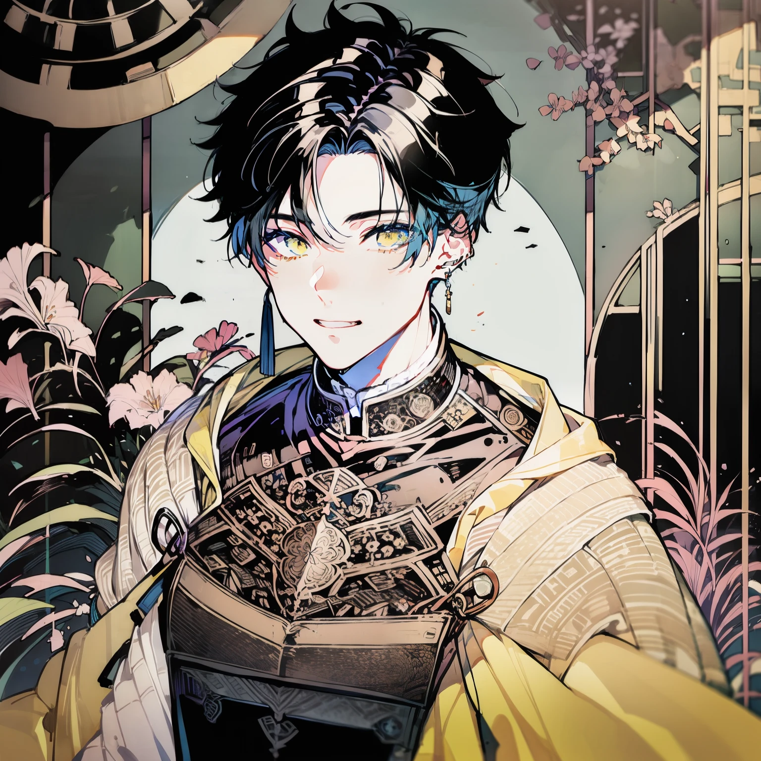 (((1boy))), ((toned)), male focus, masterpiece, high quality, (masterpiece:1.2), (best quality:1.2), shiny, realistic, ornate, intricate skin, ((black hair)), (yellow highlights), yellow eyes, bangs, black and yellow cloak, earrings, solo, elegant, looking_at_viewer, yellow_eyeliner, FH , looking at the horizon, pupils constricted, (shadows cast over the face:1.3), dark room, shadow room, big grin, (upper body)