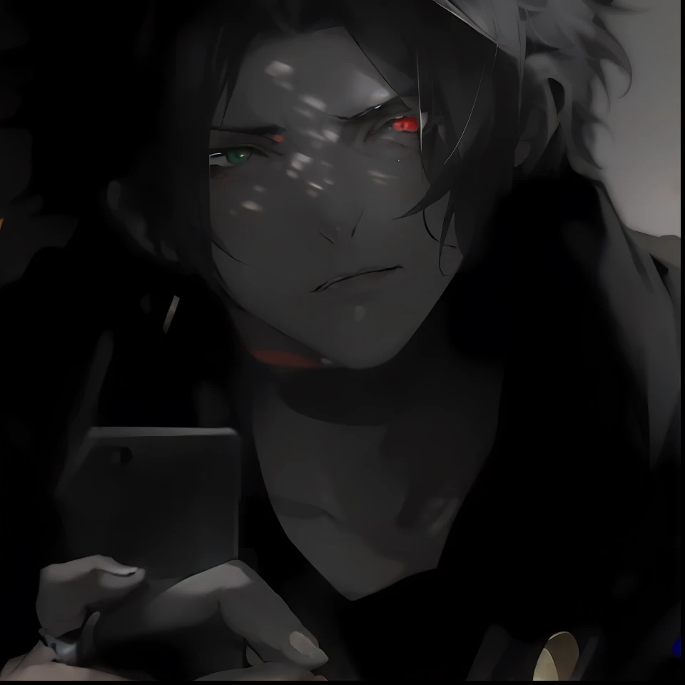 yamada ichiro\(hypnosis mic\), 1boy, solo, looking at viewer, the dirty dawg, 17 years old, (short hair:1.2), red eyes, bangs, black hair, hair between eyes, heterochromia, green eyes, mole under eye, red hoodie, red hood, stud earrings, close-up