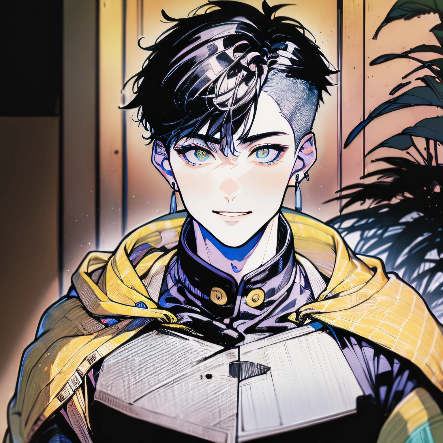 (((1boy))), ((toned)), male focus, masterpiece, high quality, (masterpiece:1.2), (best quality:1.2), shiny, realistic, ornate, intricate skin, ((black hair)), (yellow highlights), yellow eyes, bangs, black and yellow cloak, earrings, solo, elegant, looking_at_viewer, yellow_eyeliner, FH , looking at the horizon, pupils constricted, (shadows cast over the face:1.3), dark room, shadow room, big grin, (upper body)