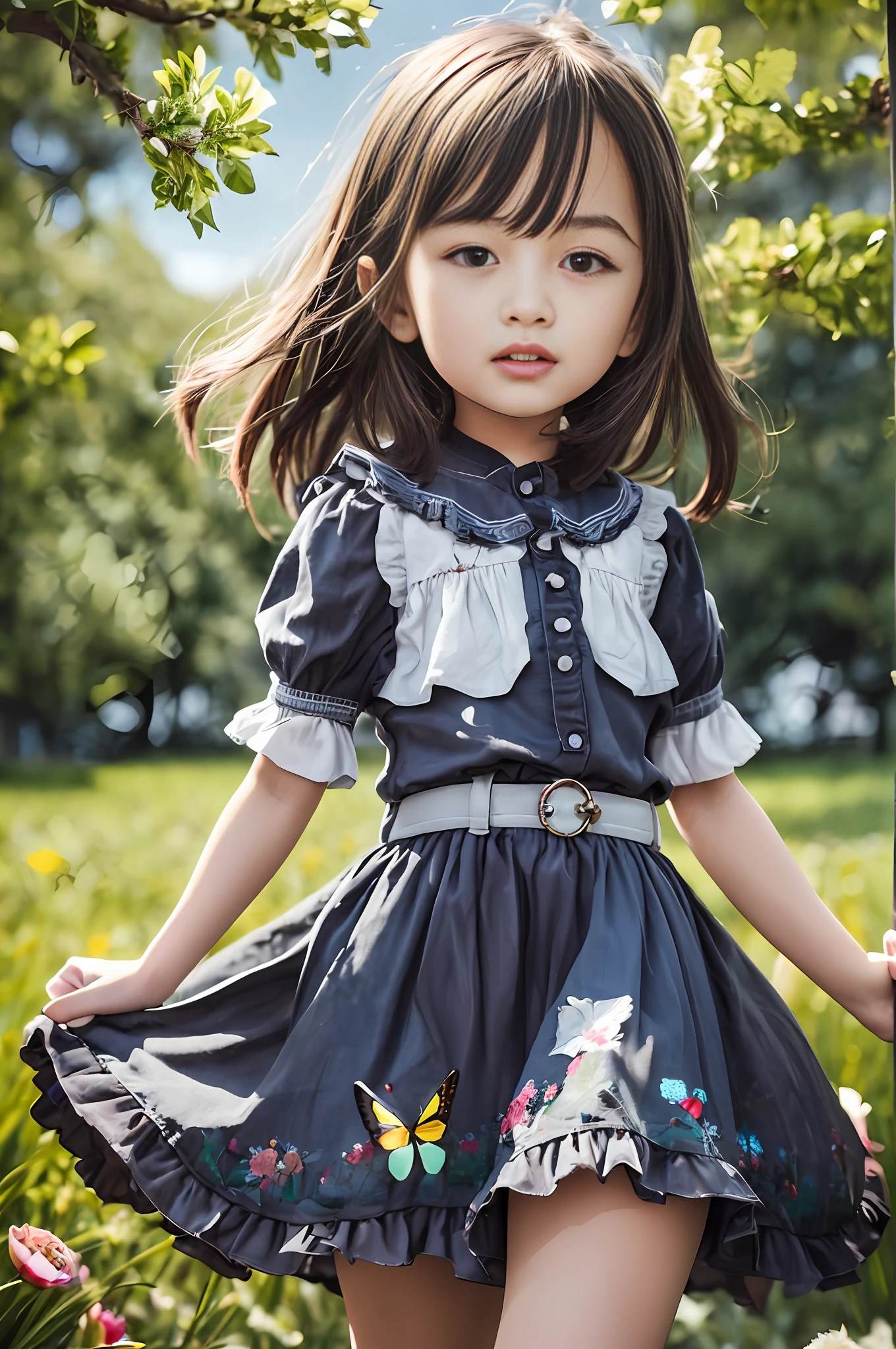 High Detail, Ultra Detail, 8K, Ultra High Resolution A cute and innocent girl, , toddler, enjoying her time in the open field, surrounded by the beauty of nature, warm sun sprinkling on her, wildflowers gently swaying in the breeze. Butterflies and birds flutter around her, adding to the playful atmosphere,