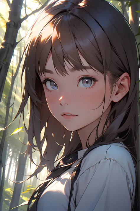 A girl in the forest with sunlight on her face
