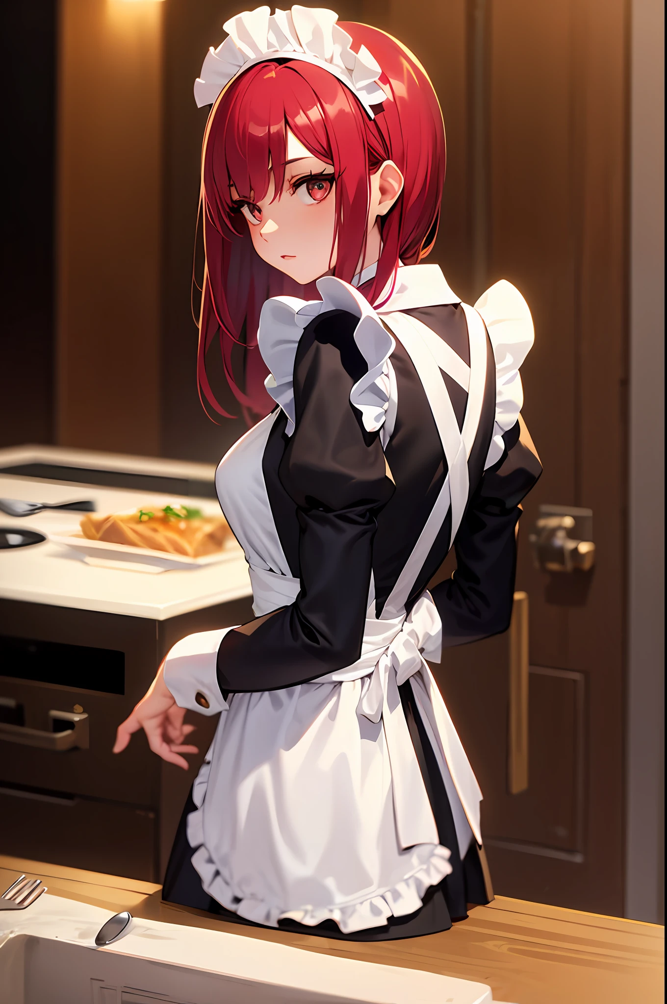 Anime character dressed in maid outfit standing in kitchen with pizza -  SeaArt AI