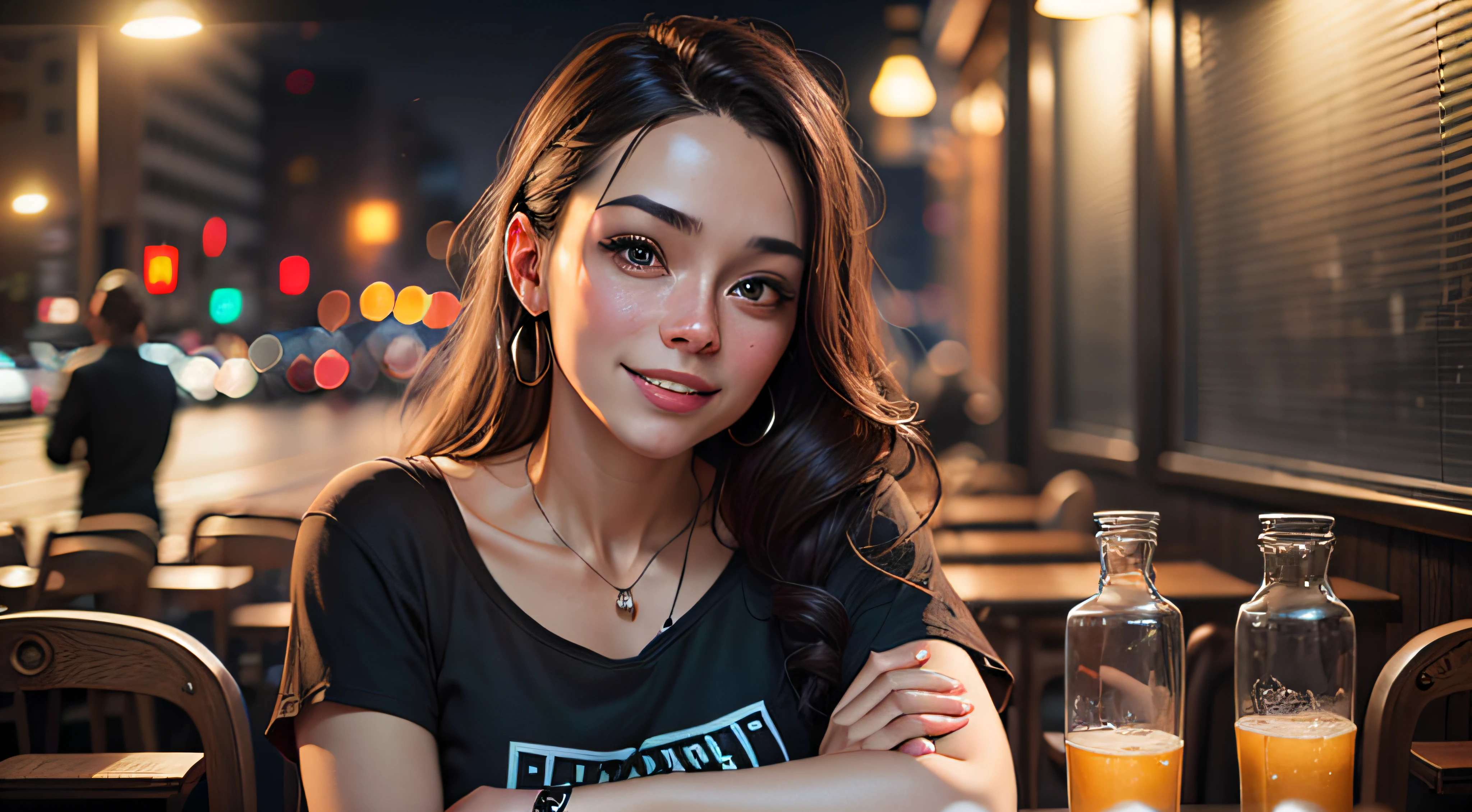 man talking to a woman, man black t-shirt, sitting, cute bar, smiles, smiling, looking at each other, both smiling, city, night, sidewalk, beautiful night, cinematic realistic portrait, render portrait 8k, realistic cinematic photo, realistic face moody lighting, ultra realistic image, unreal engine character art, ultra realistic 8k cyberpunk art, cinematic, photorealistic art style, an ultra realistic,  detailed portrait shot, handsome man, 8K portrait shot --auto