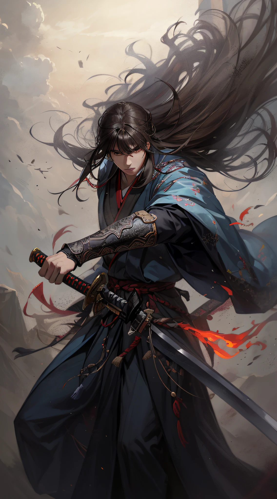 A samurai，cabelos compridos，hanfu，manto，espada，Formato de rosto bonito，realista：1.2