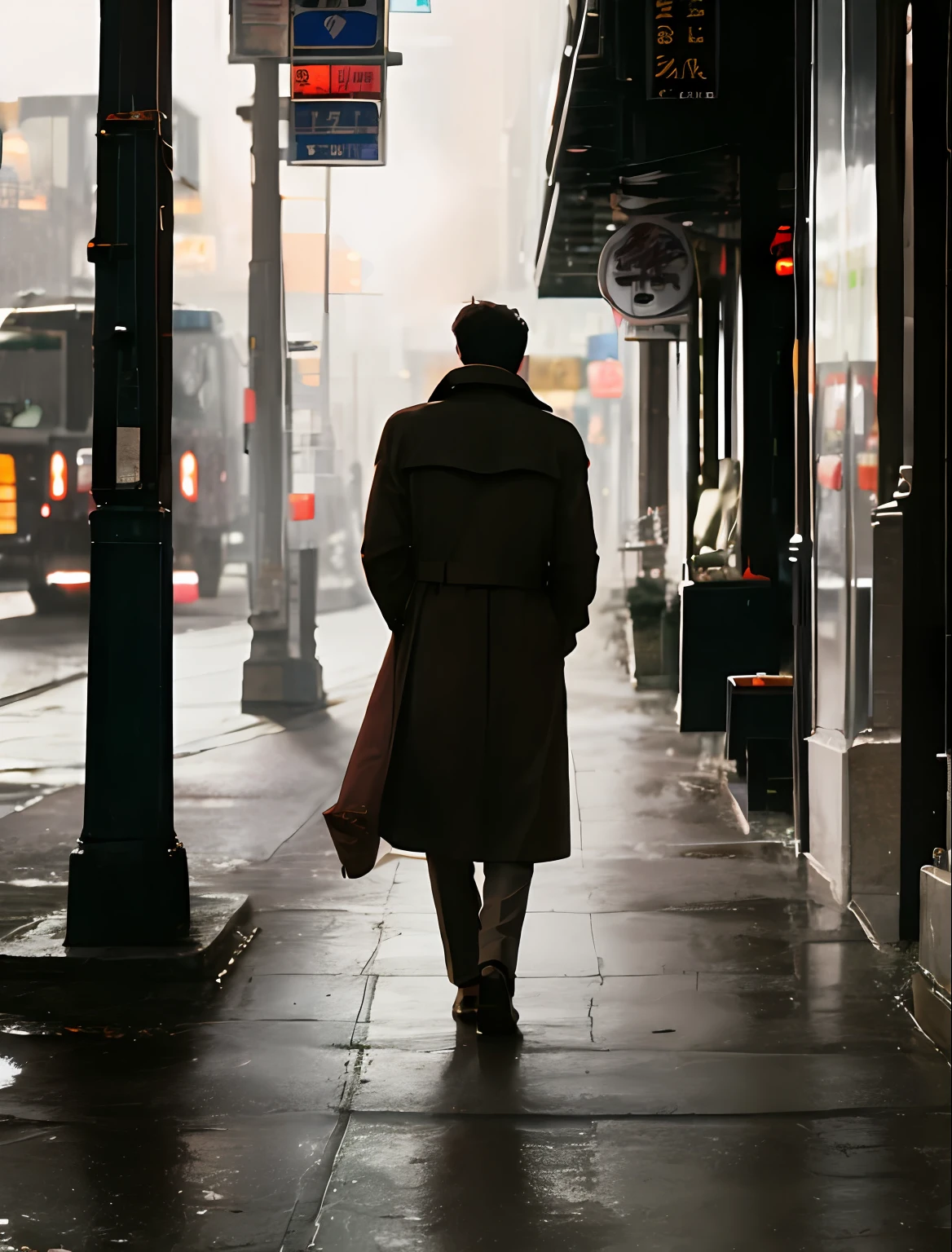 Rabbit in trench coat walking on street on complex background、