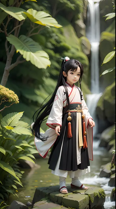 1boy，ancient chinese 6-year-old boy，with long black hair，chibi，full body，hanfu，white clothes fluttering，cliffs and waterfalls in...