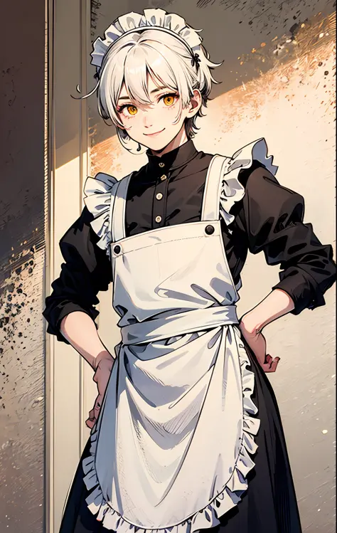 A boy, white hair, yellow eyes, wearing maid, smile