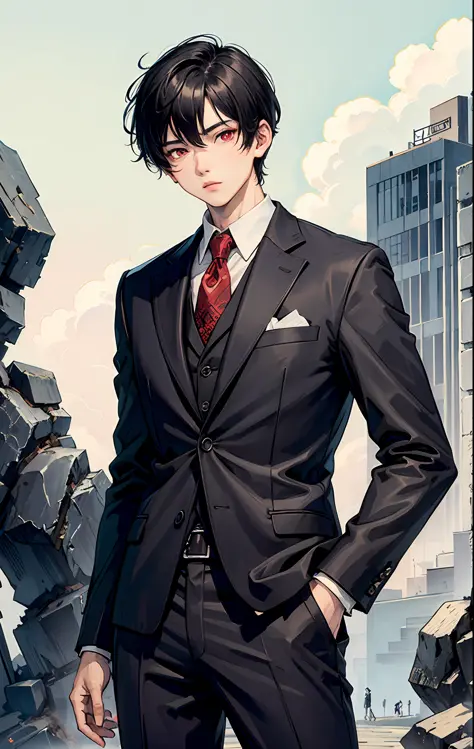 A boy, stony, wearing suit, black hair, red eyes, cool boy
