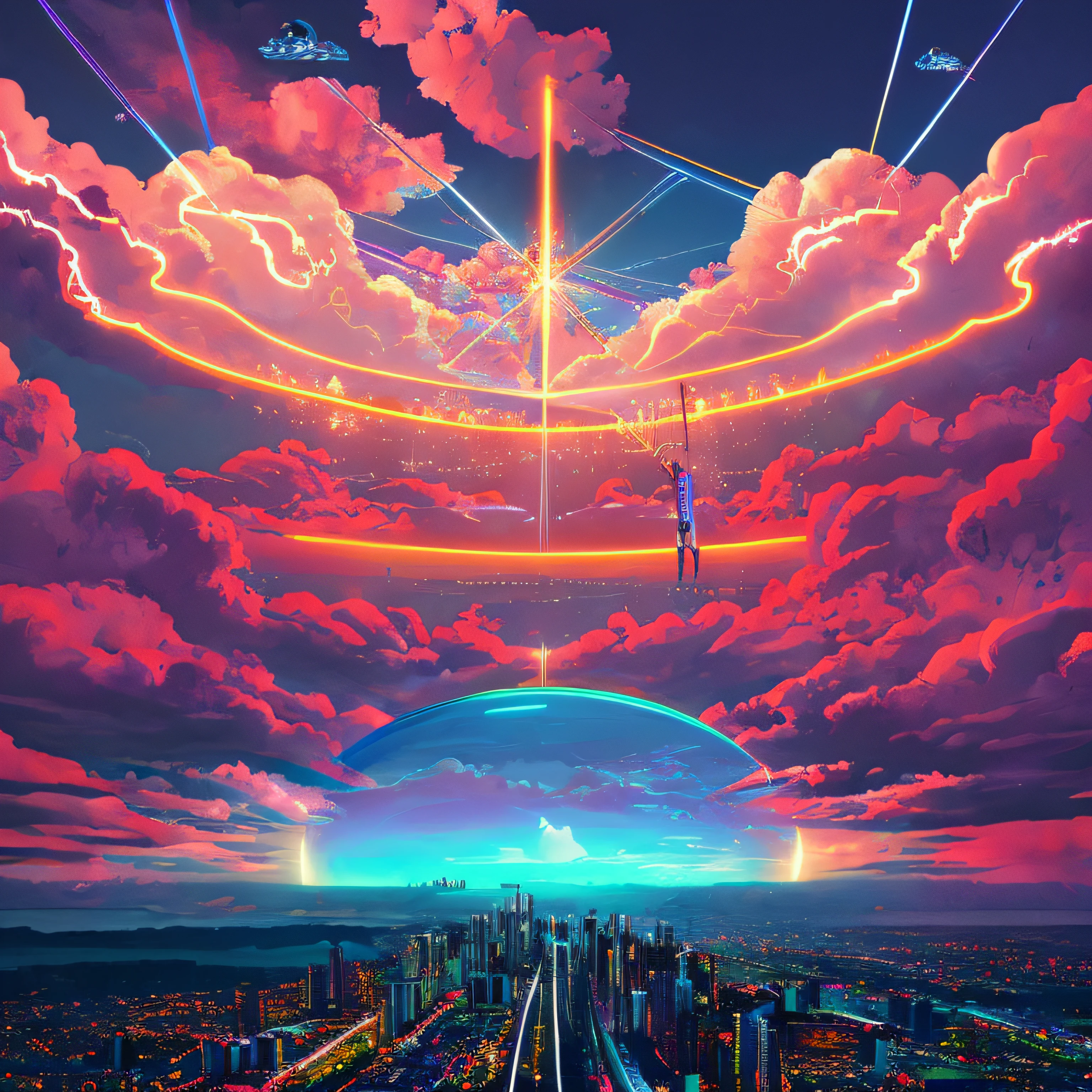 Heaven, if it's cyberpunk, volume, neon, clouds, bright lights, angelic, beautiful landscapes