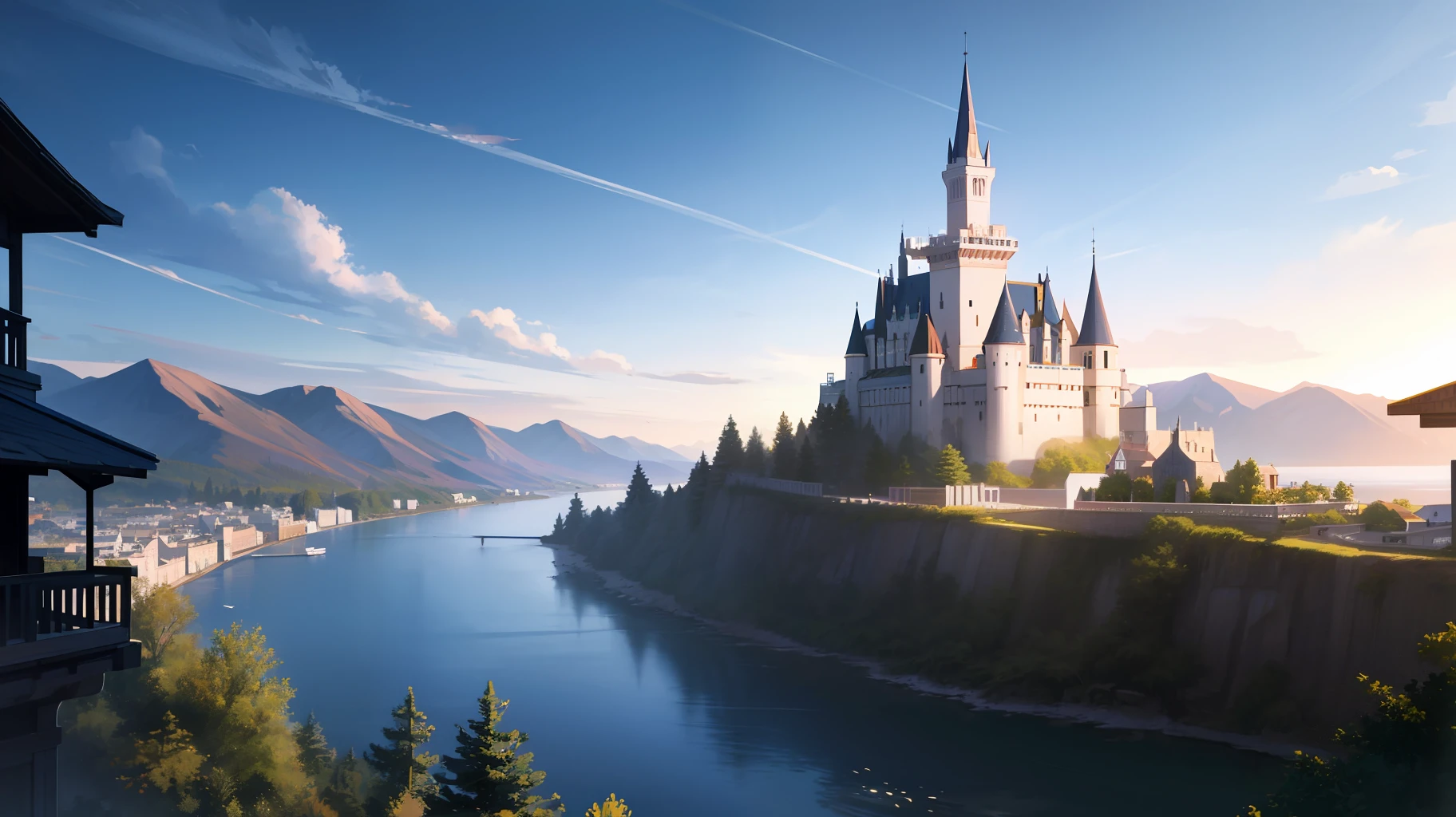 (extremely detailed CG unity 8k wallpaper),(((masterpiece))), (((best quality))), ((ultra-detailed)), (best illustration),(best shadow), ((an extremely delicate and beautiful)),dynamic angle,floating,
((the best building)),mist encircles the mountains, The castle stands out against the sky,
(detailed light),feather, nature,(sunlight),river, forest,beautiful and delicate water,(painting),(sketch),(bloom),(shine),