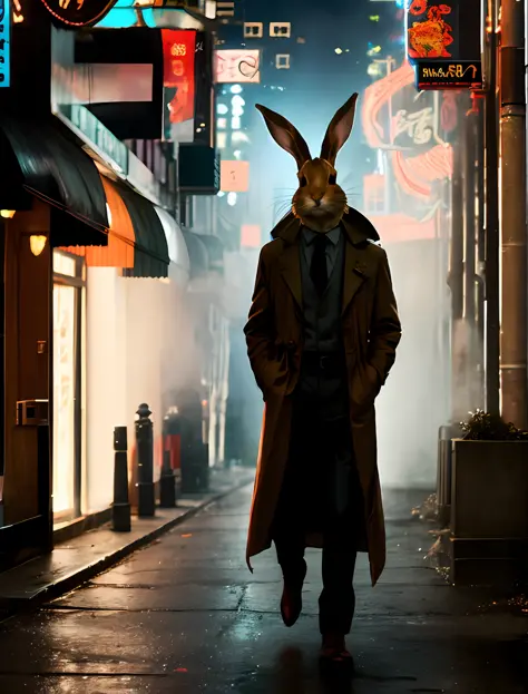 Rabbit in trench coat walking on street on complex background、