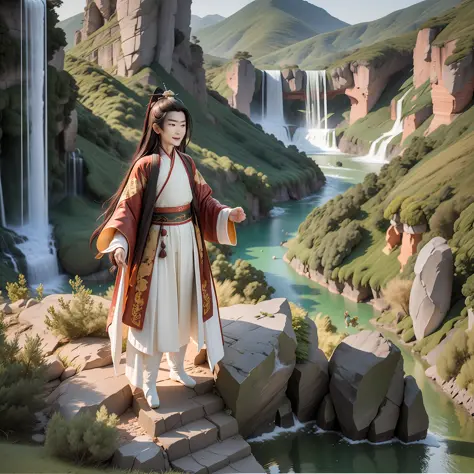 (Masterpiece),(Need),(Super meticulous),(all body:1.2),（1boy，6-year-old Tang dynasty poet Li Bai，white hanfu，Laugh，Cliffs and wa...