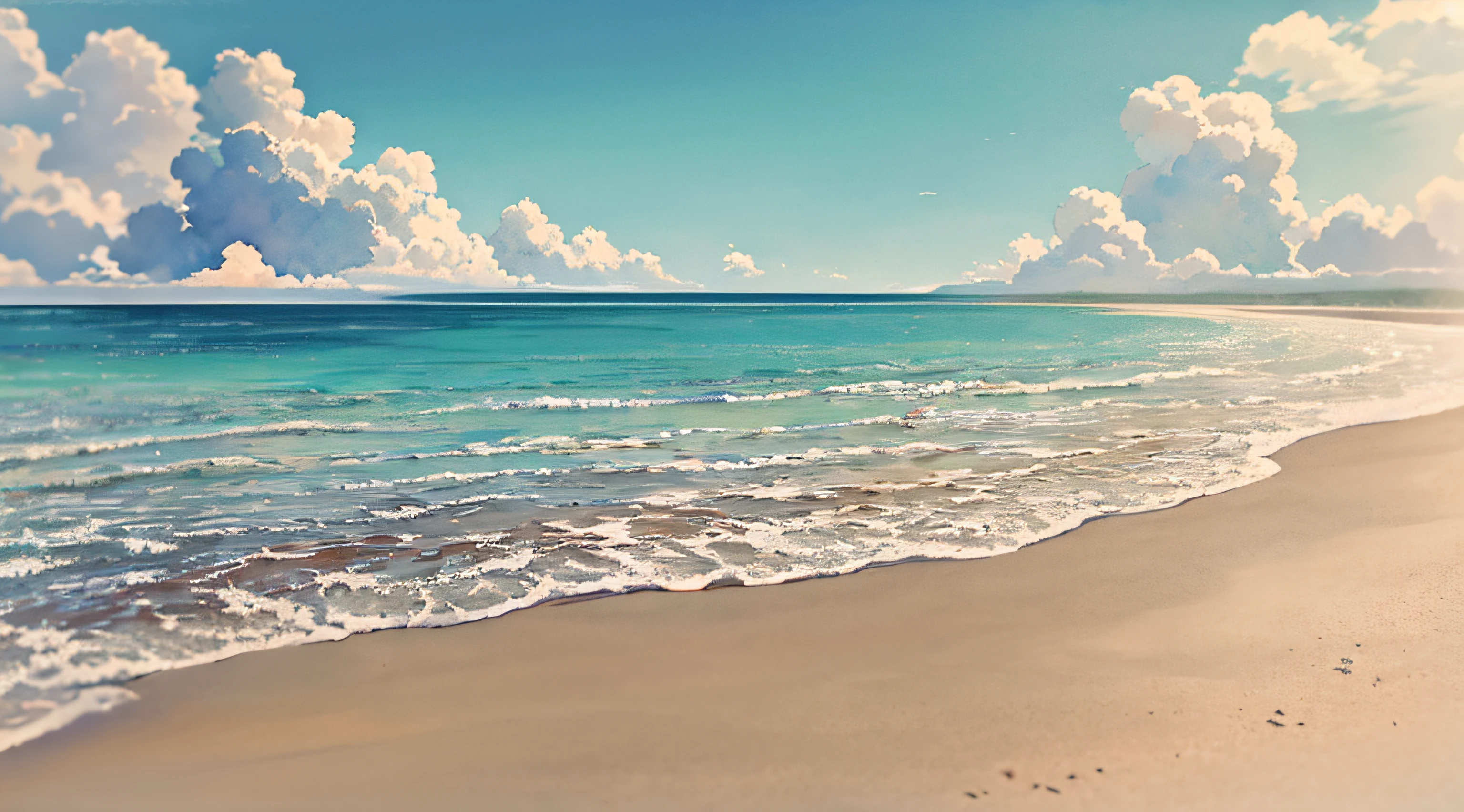 calm sea, crystal clear sea, white sand, resort, (day: 1.2), (natural lighting)), clear focus, (long shot: 1.1), watercolor