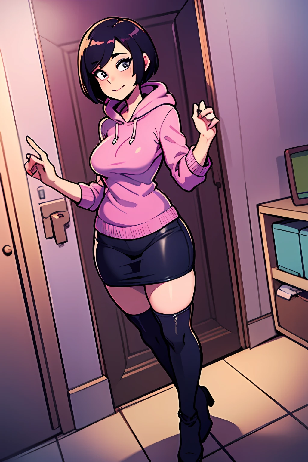 Anime girl in a pink hoodie and black shorts standing in a room - SeaArt AI