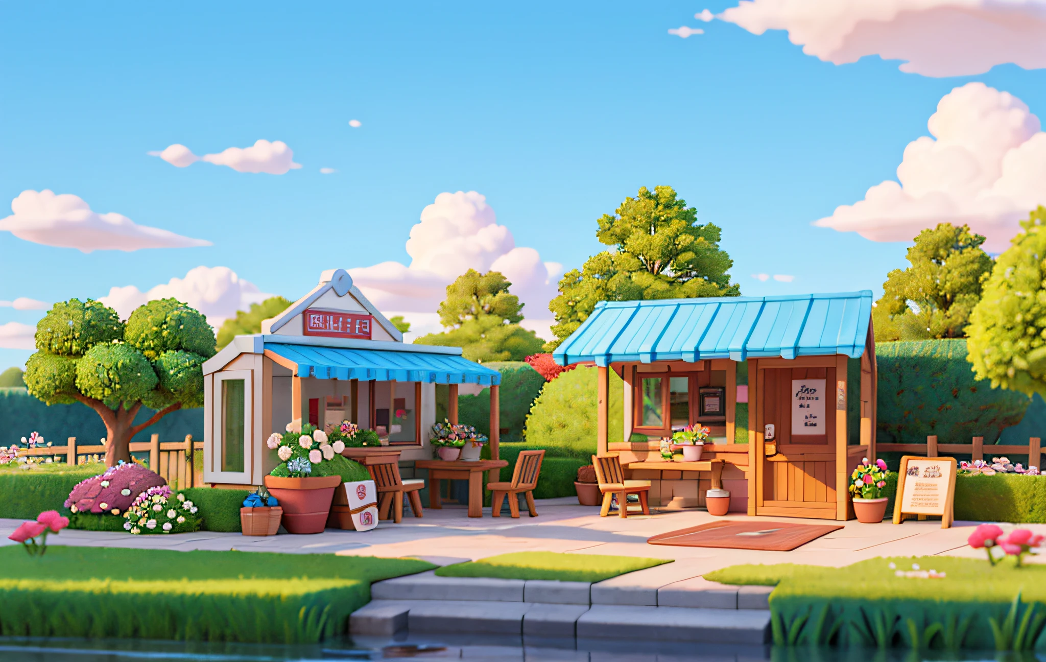 （Miniature cityscape），（isometric：1），in cartoon style，（Sandbox play style），（whit background），best qualit，florist，Glass flower house，cafe，fresh flowers，dinner table，chair，lamplight，Clear sky，out door，landscape，Clouds，sky，sign，road，grass，Potted plants，street lights，3D，8K，hdr，high-definition，movie grain.Blue skies，white cloud，Small tree，Clean background。