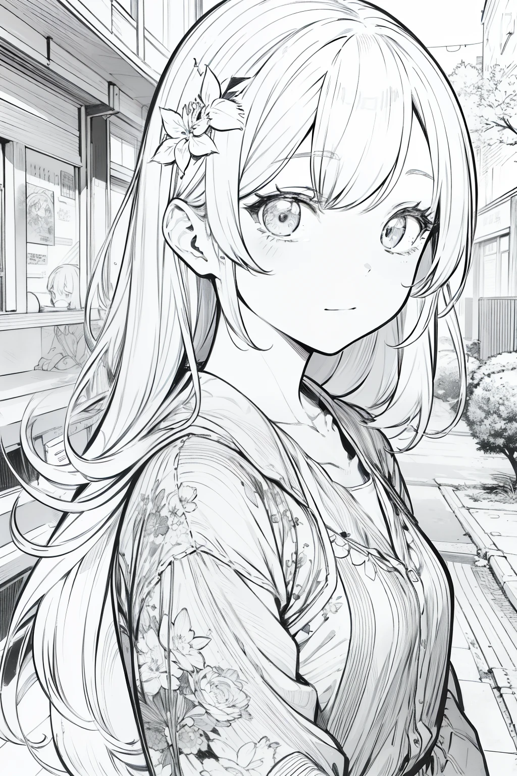 Zeichnung von a , detaillierter Manga-Stil, extrem dünne Lineart-Farbe, schwarz-weißer Manga-Stil, wunderschöne Strichzeichnungen.