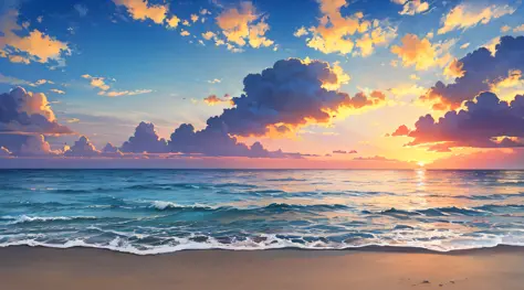 calm sea, crystal clear sea, white sand, resort, (sunset: 1.2), ((natural lighting)), clear focus, (long shot: 1.1), watercolor, painting, (summer: 1.2), incoming clouds, horizon