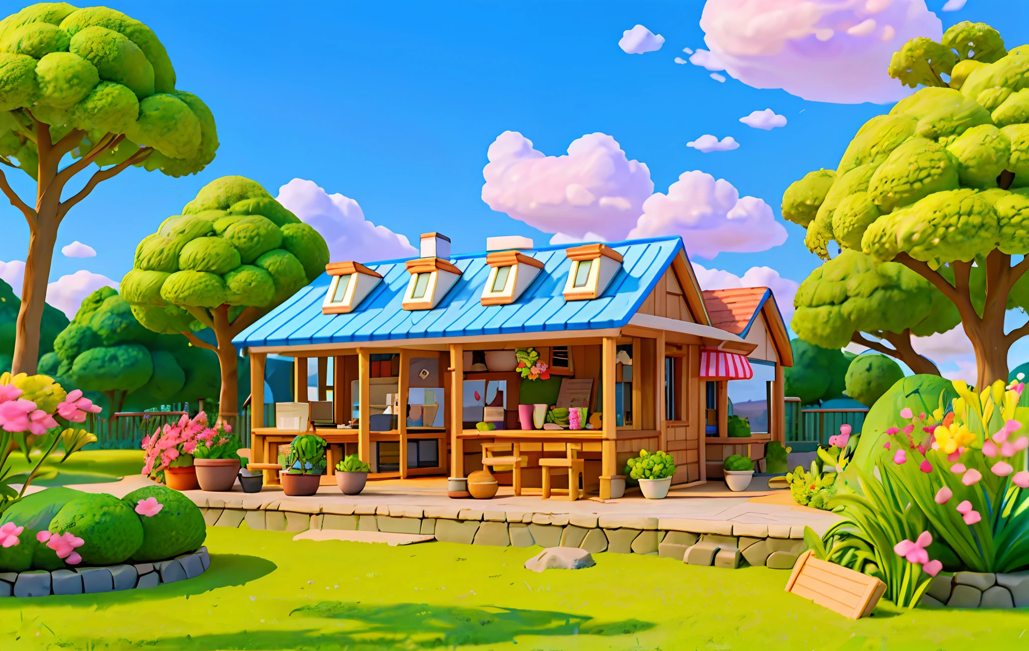 Miniature cityscape），（isometric：1），in cartoon style，（Sandbox play style），（whit background），best qualit，florist，Glass flower house，cafe，fresh flowers，dinner table，chair，lamplight，Clear sky，out door，landscape，Clouds，sky，sign，road，grass，Potted plants，street lights，3D，8K，hdr，high-definition，movie grain.Blue skies，white cloud，Small tree，Clean background。