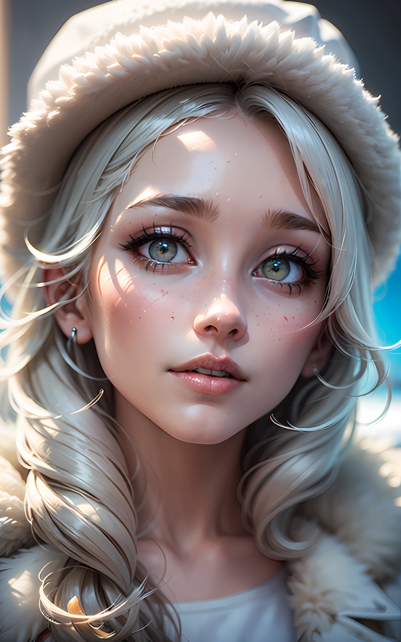 (award winning 64k concept art:1.3) of (young woman:1.2), fluffy, in fluffy white coat, white winter hat, sweet, holding her breath, front, epic, god rays, (portrait:1.2), (masterpiece:1.2), (best quality:1.3), Amazing, highly detailed, beautiful, finely detailed, warm soft color grading, (Depth of field:1.4), extremely detailed k, fine art, stunning, (light reflections:1), (crisp:1.6), silver short curls, winter, vibrant, sunlit, (edge detection:1.4), absurdres, impressive, 120mm, extremely clear, lens flare, motion lines