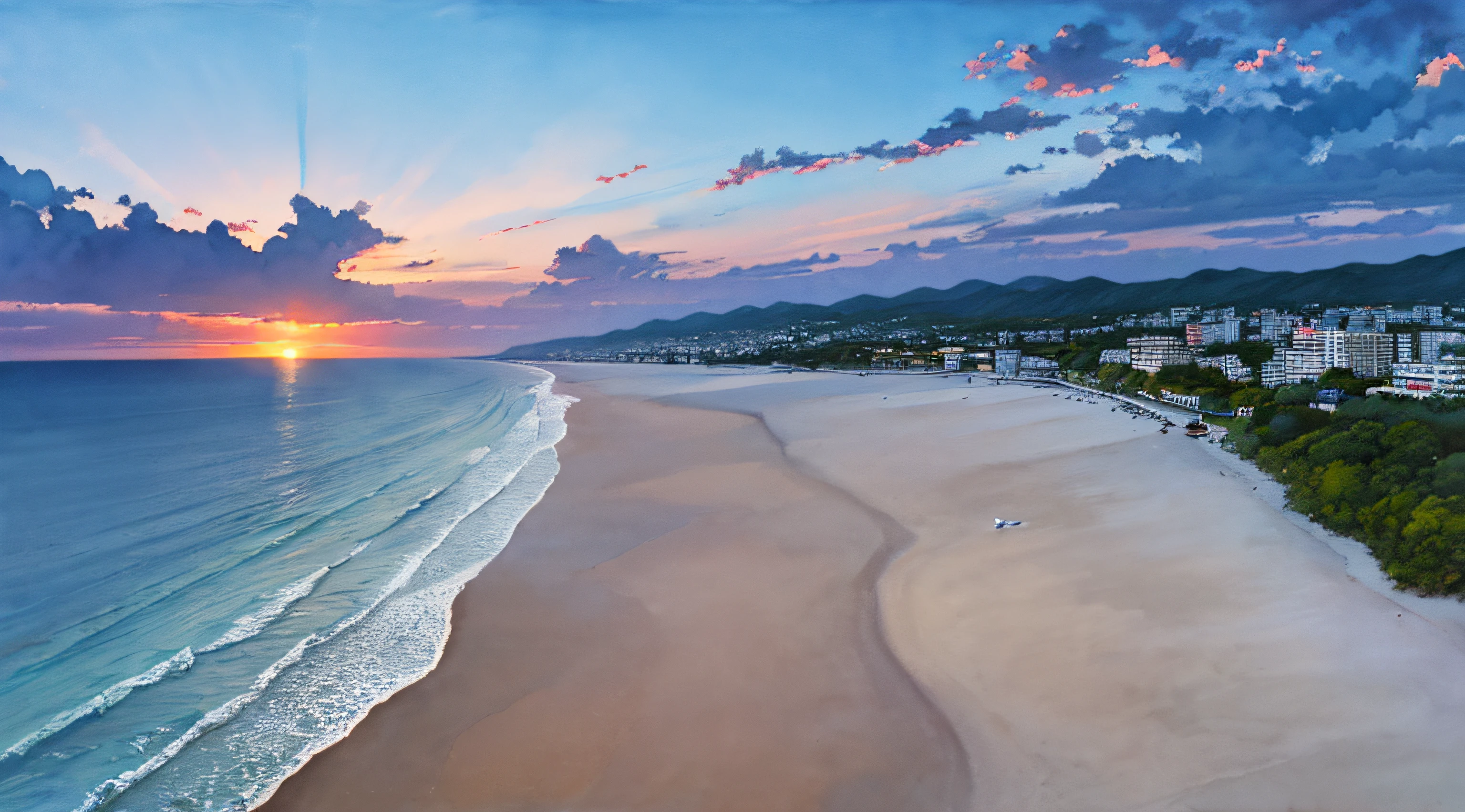 natural calm sea, crystal clear sea, white sandy beach, resort, aerial view, (sunset: 1.2), (((natural lighting)), clear focus, (long shot: 1.1), watercolor, painting, (summer: 1.2), incoming clouds, horizon