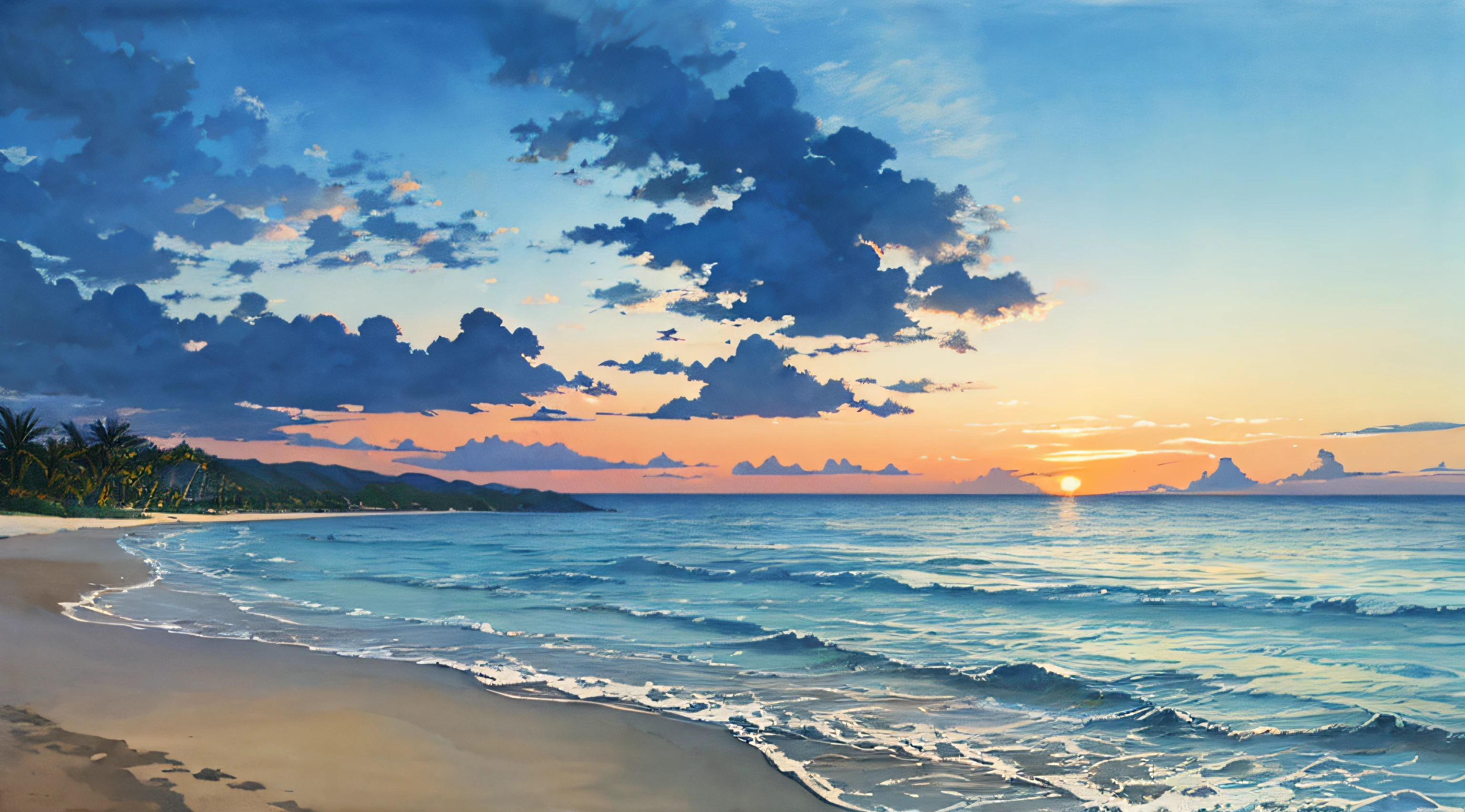 calm sea, crystal clear sea, white sand, resort, (sunset: 1.2), ((natural lighting)), clear focus, (long shot: 1.1), watercolor, painting, (summer: 1.2), incoming clouds, horizon