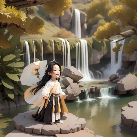 (masterpiece),(need),(super meticulous),(all body:1.2),（6 year old boy，with long black hair，pure white hanfu，laugh，stand beneath...