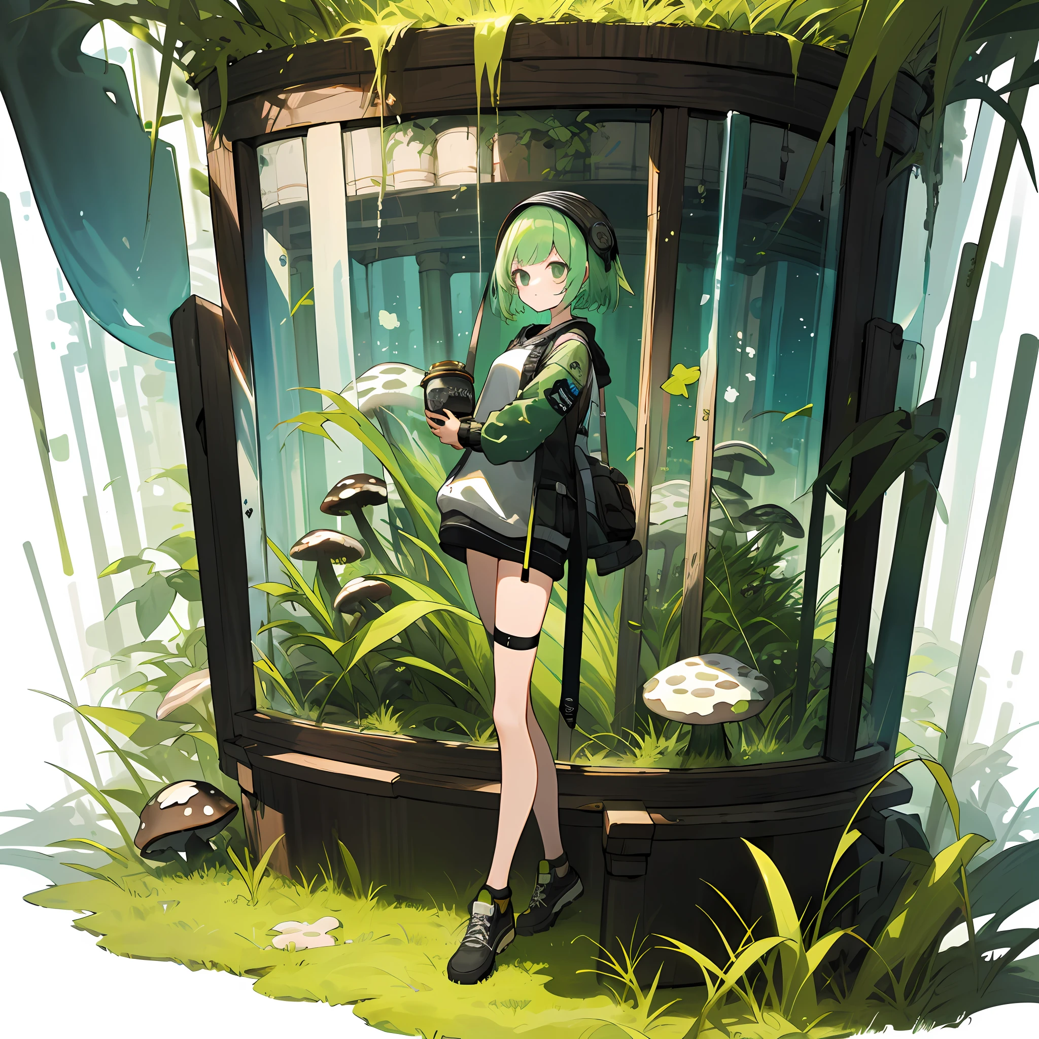 ((Masterpiece,Best quality)),1girle, solo, Contemporary,Standing painting style，Holding a large transparent plant jar，（Black mushroom head，Contemporary attire，Leg straps，Sweatshirt），Plants，(institute)，Clear punk jacket，Ark of tomorrow style，Grass particles，grassland