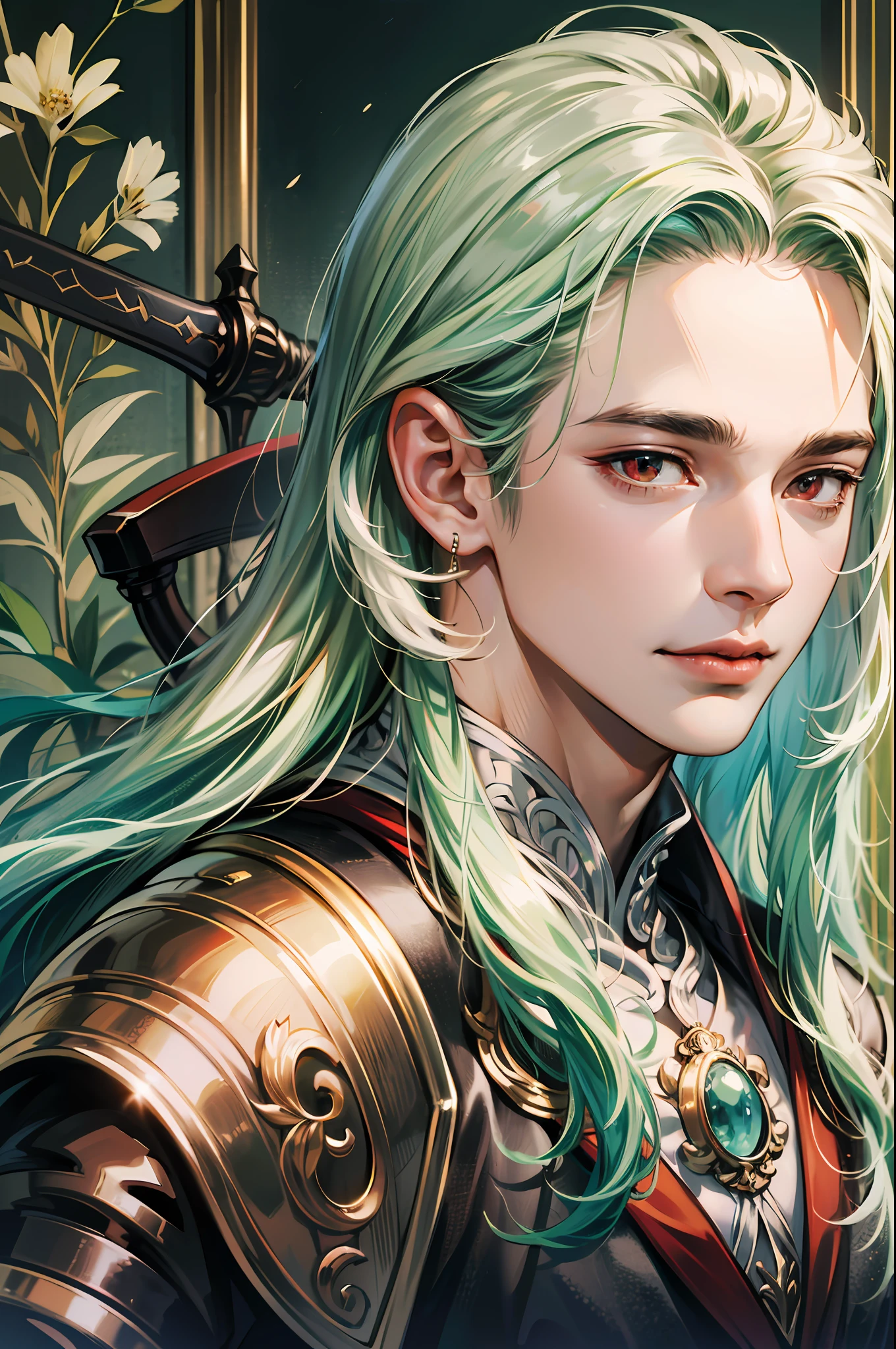 (absurdres, highres, ultra detailed, HDR), masterpiece, best quality, 1boy, handsome, long white hair, bright red eyes and detailed face,(green antiques), dimple, forehead, house, midnight, light smile, sword