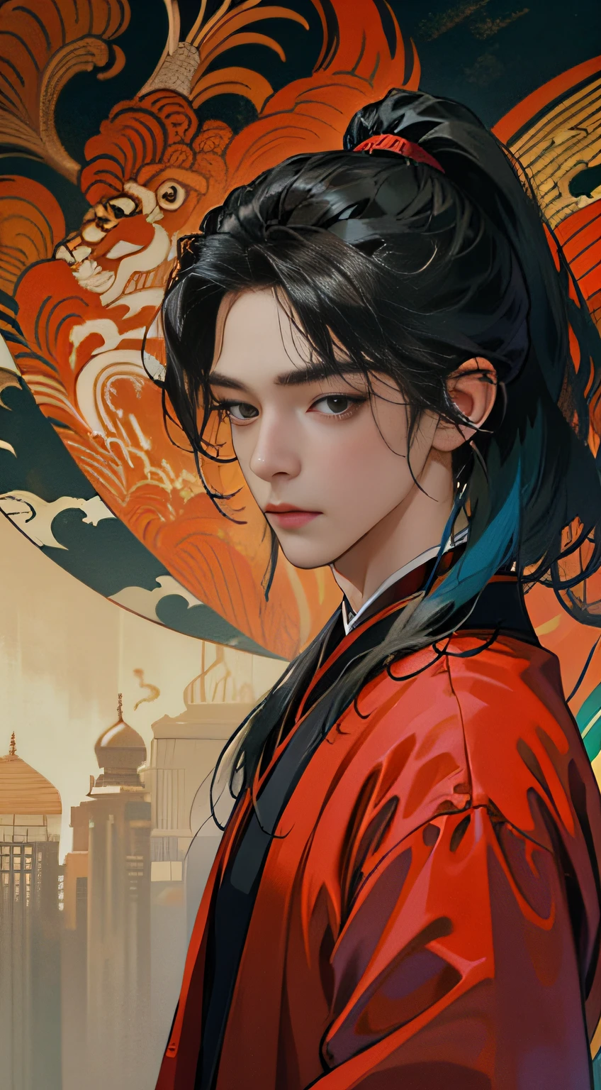 Lifelike，（A Masterpiece，Top quality，best qualit，offical arts，Beauty and aesthetics：1.2），RAWExtremely detailed，s fractal art，Colorful，Most detailed，zentangle，（1男孩：1.3），black color hair，a ponytail，Handsome man，Red robe，Chinese wind，Cinematic Lights，magic，