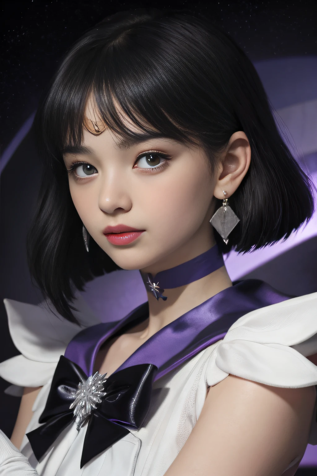 ((HD Real, SAMA1 level)), Extreme Real, Masterpiece, Best Quality, High Definition, SAMA1, Space, Stunning Beauty, Upper Body Photography, 1 Little Girl, Chest, Gloves, Lips, Solo, Sailor Saturn, Purple Eyes, SM Uniform, mer1, Tiara, Sailor Senshi Uniform, (RAW photo, best quality), Masterpiece, Black Hair Bob Hair, Purple Sailor Color, Bow, choker, white gloves, purple choker, elbow gloves, jewelry, earrings, purple skirt, sole, full body, black hair, (perfect hands): 3.8, octane rendering, goddess of Saturn, (close-up: 1.2) finely detailed, beautiful eyes, close-up, small eyes, look viewer, to8contrast style, octane line drawing, cosmic background, Saturn, Dark effect, lowered hands, no makeup, innocent look, short