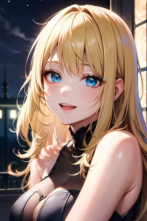 Global Illumination、A masterpiece、maximum quality、Full polygon、Smoothing、Fine touch、semi long、Blonde hair、With bangs、Blue Eye、Happy smile、Night light