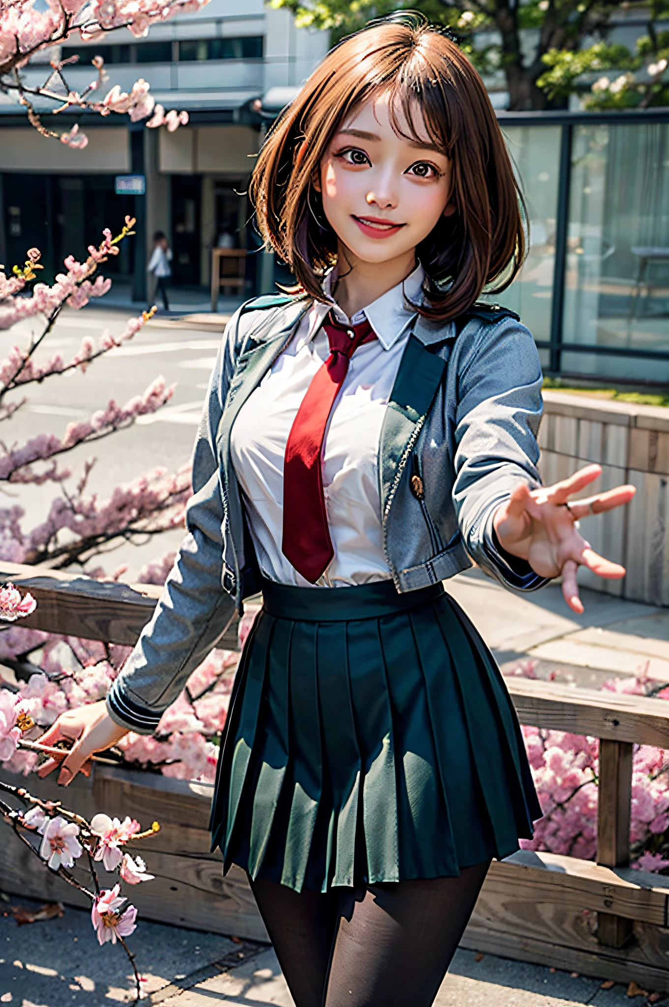 masterpiece, best quality, highres, hmochako, short hair, medium breasts. , green skirt, pleated skirt, red necktie, black pantyhose, white shirt, long sleeves, grey jacket, reaching out, smile, cherry blossoms, outdoors, cowboy shot,