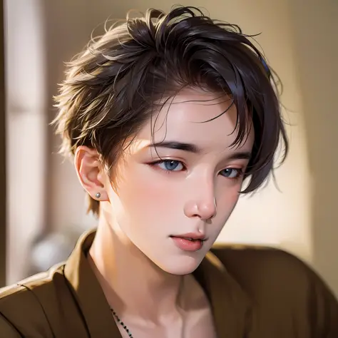 short-haired guy with high strokes kpop 8k, best quality, masterpiece, ultra high resolution, (realism: 1.4), original photo, (r...