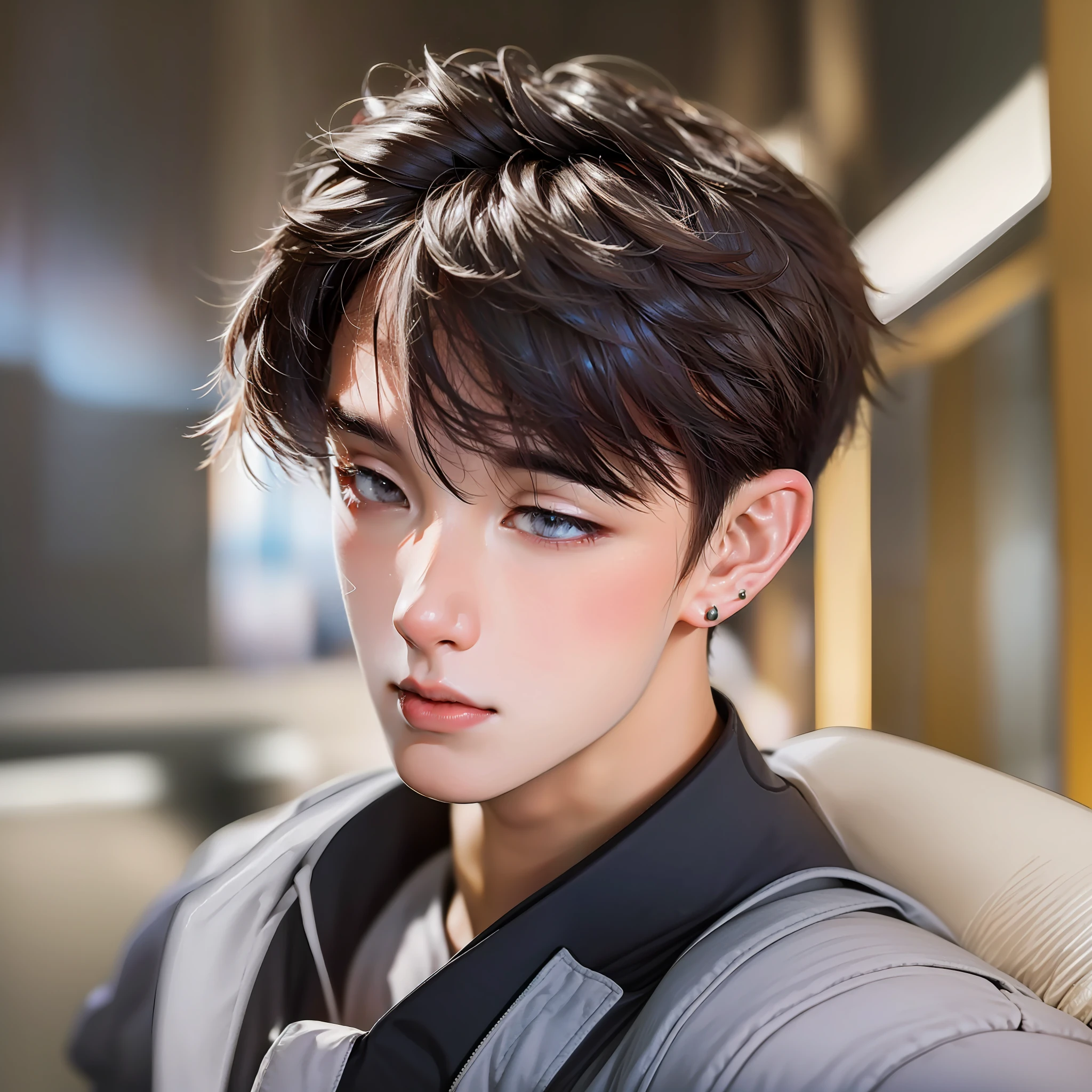 short-haired guy with high strokes kpop 8K, Best Quality, Masterpiece, Ultra High Resolution, (Realism: 1.4), Original Photo, (Realistic Skin Texture: 1.3), (Film Grain: 1.3), (Selfie Angle)