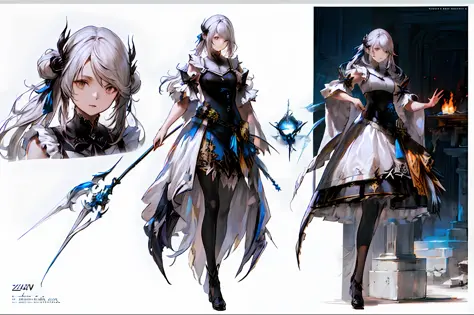concept art, beautiful, masterpiece, best quality, Kazuya Takahashi, white background,  charturnerv2, a character turnaround of a girl wearing magic robe, multiple views of the same character in the same outfit
