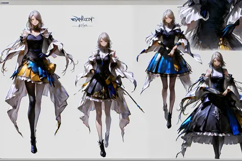 concept art, beautiful, masterpiece, best quality, Kazuya Takahashi, white background,  charturnerv2, a character turnaround of a girl wearing magic robe, multiple views of the same character in the same outfit