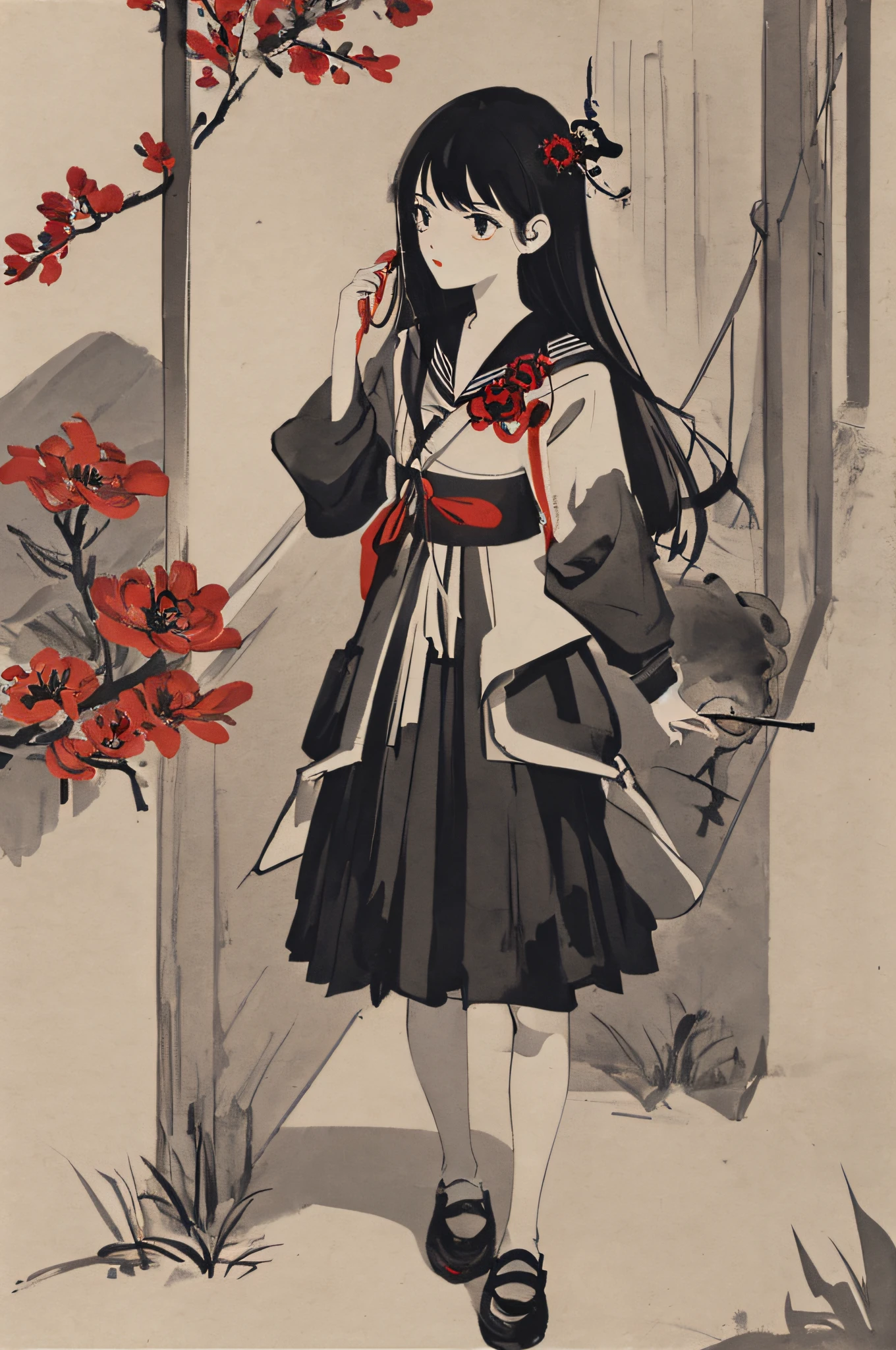 masterpiece, best quality, flat color, limited palette, low contrast,
1girl, serafuku, long straight black hair,
lycoris flower, goat skull,
(red, black)