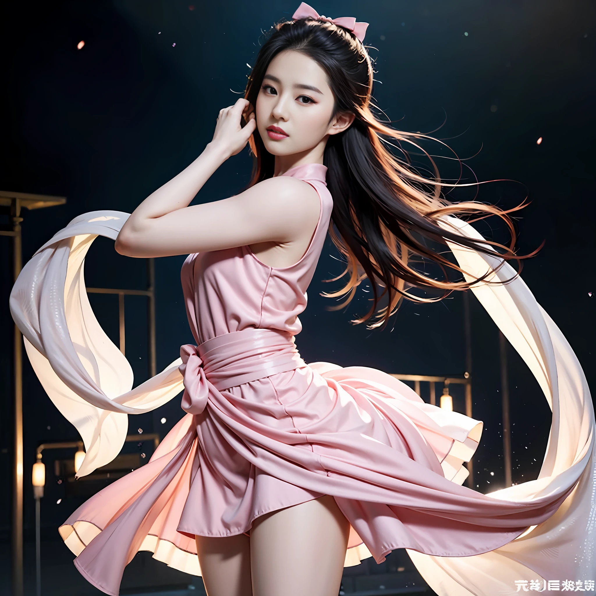 a close up of a woman in a pink dress posing for a picture, yanjun cheng, Pink dress, flowing dress, sexy dress, sakimichan, flowing sakura-colored silk, wearing a pink dress, gorgeous chinese model, with a thin waist, flowing sakura silk, trending on cgstation, elegant glamourous cosplay, xintong chen