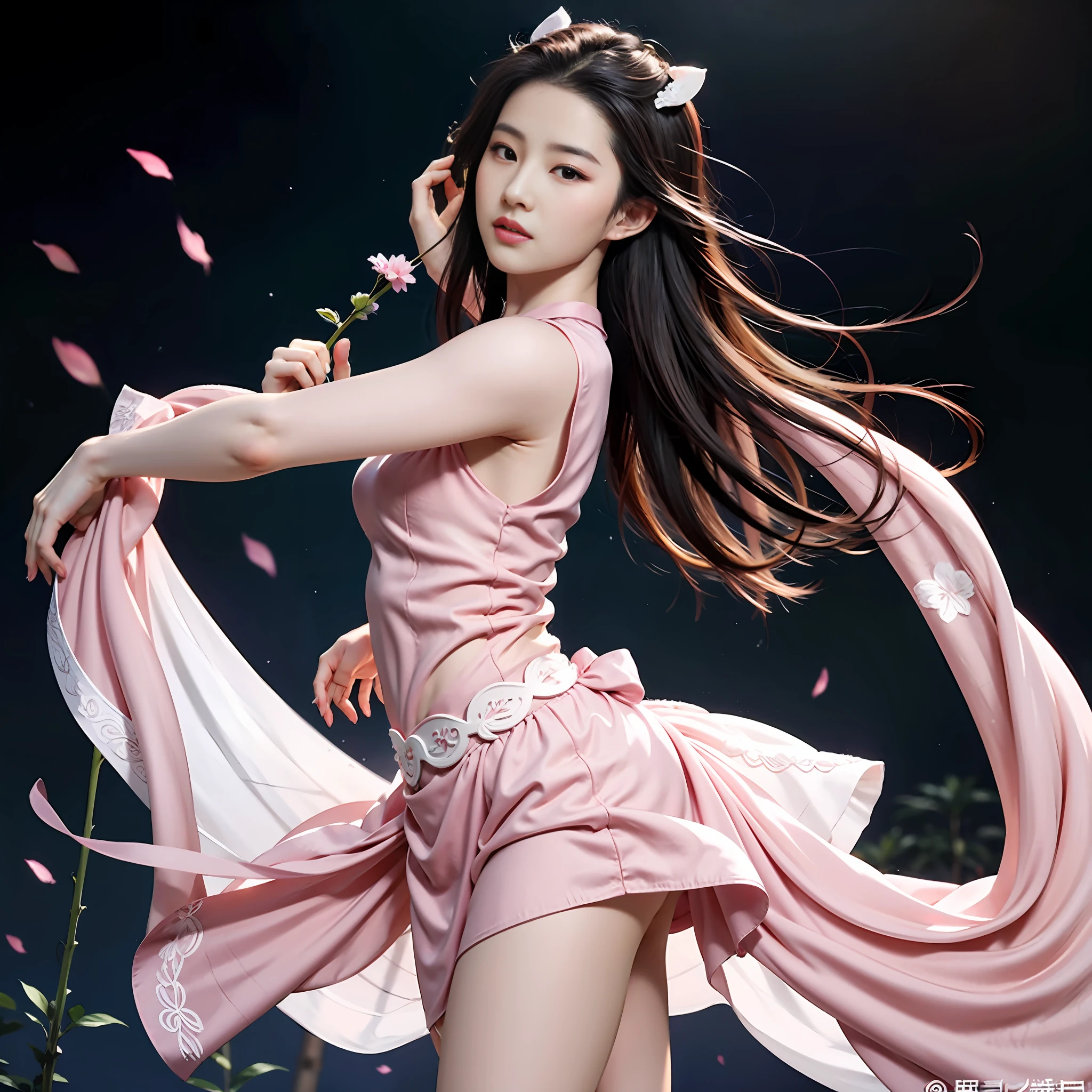 a close up of a woman in a pink dress posing for a picture, yanjun cheng, Pink dress, flowing dress, sexy dress, sakimichan, flowing sakura-colored silk, wearing a pink dress, gorgeous chinese model, with a thin waist, flowing sakura silk, trending on cgstation, elegant glamourous cosplay, xintong chen